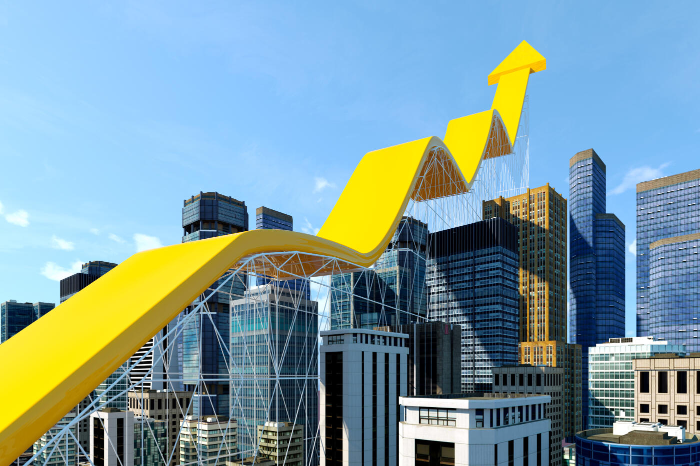 Digital generated image of abstract growing diagram with arrow stylized as construction above cityscape, visualizing economy and growth.