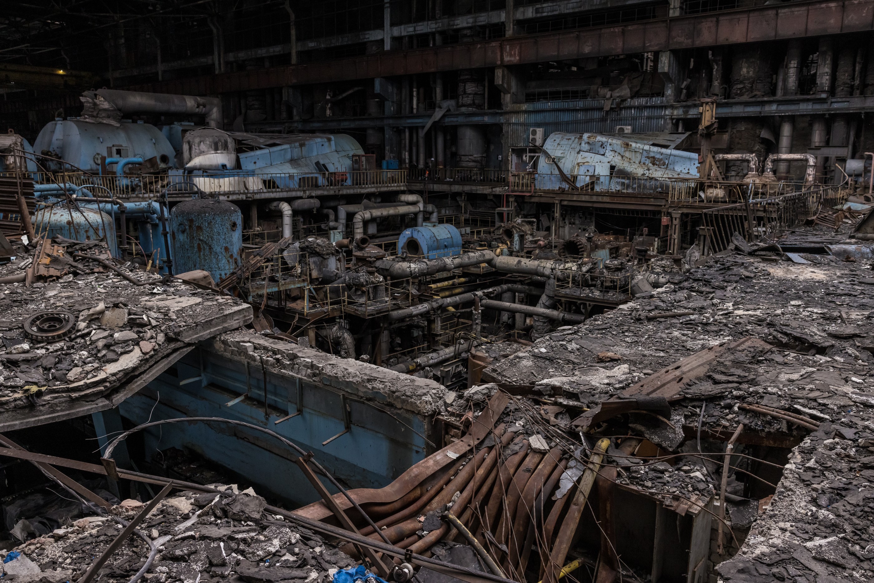 A view of the damaged by the Russian missile strikes equipment of one of the Ukrainian thermal power plants in an undisclosed location in Ukraine on March 17, 2025. This thermal power plant was hit multiple times during the biggest Russian attacks on the country's energy infrastructure since the beginning of the full-scale invasion. (Photo by Oksana Parafeniuk/For The Washington Post via Getty Images)