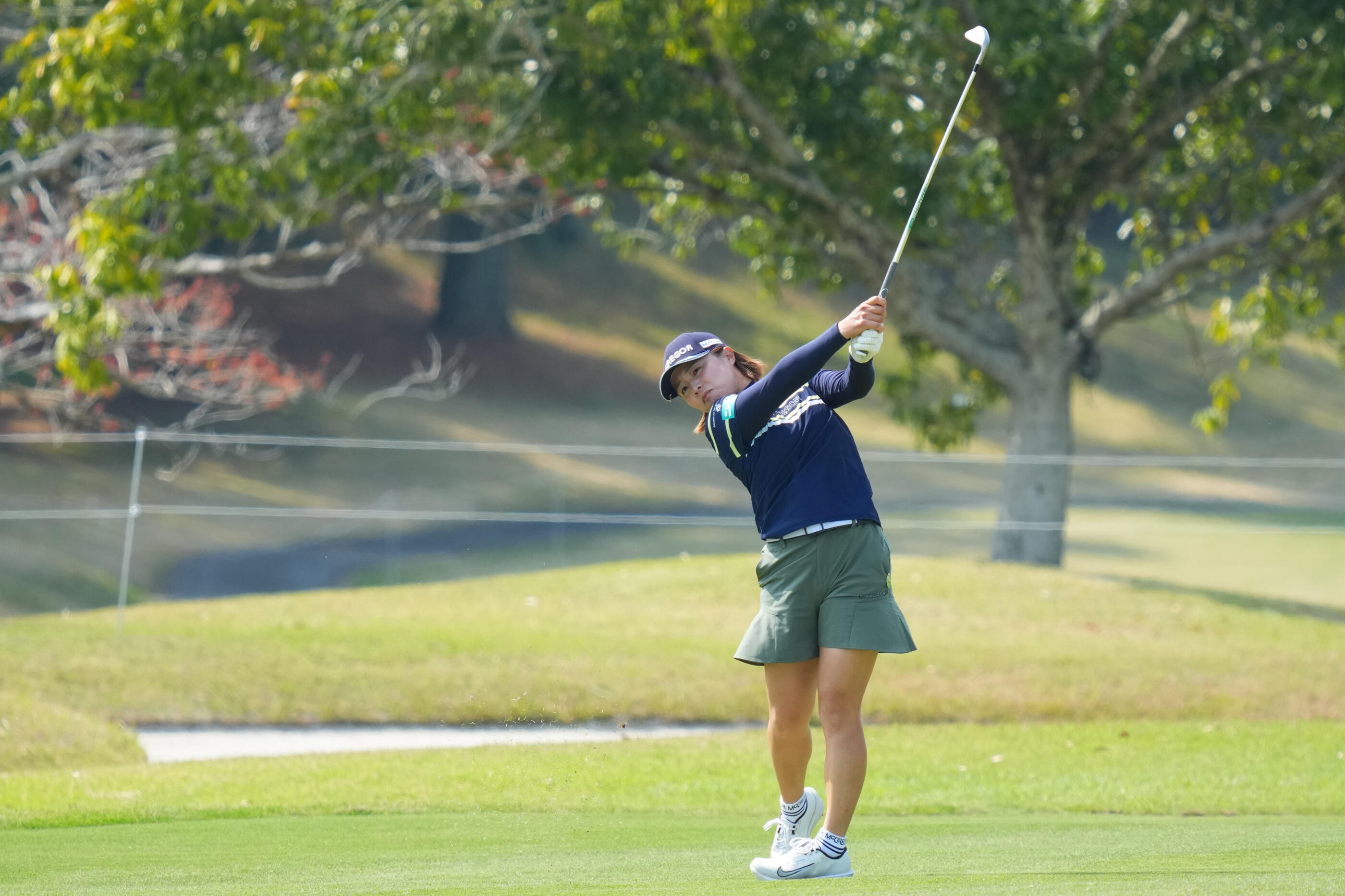 MIYAZAKI, JAPAN - MARCH 28: Saki Nagamine of Japan hits her third shot on the 18thhole during the second round of AXA LADIES GOLF TOURNAMENT in MIYAZAKI at UMK Country Club on March 28, 2026 in Miyazaki, Japan. (Photo by Yuichi Masuda/Getty Images)