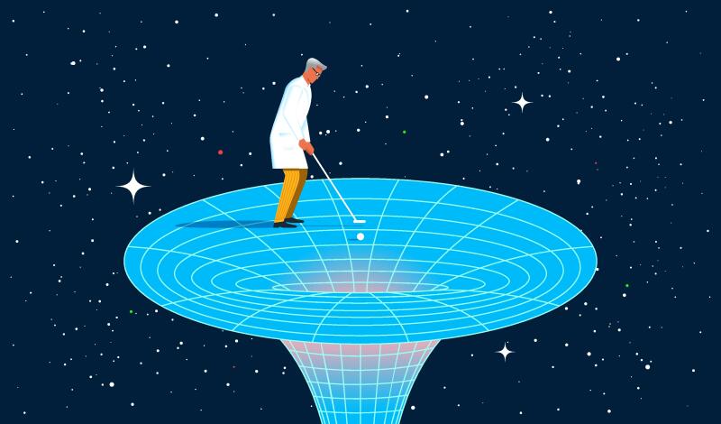 Scientest playing golf nearby blackhole illustration
