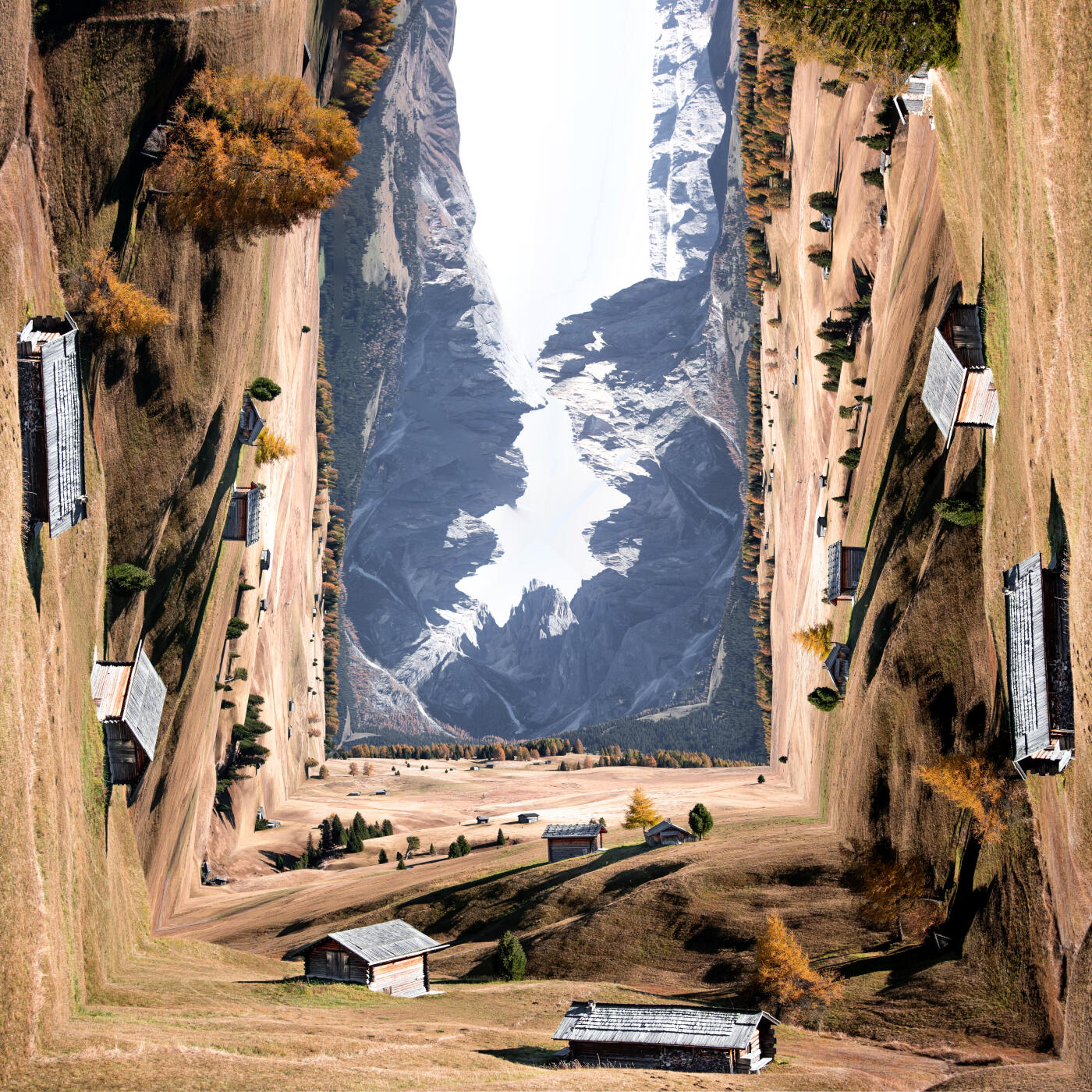Surreal picture of Alpe di Siusi bending landscape like paper creating original panoramic picture.