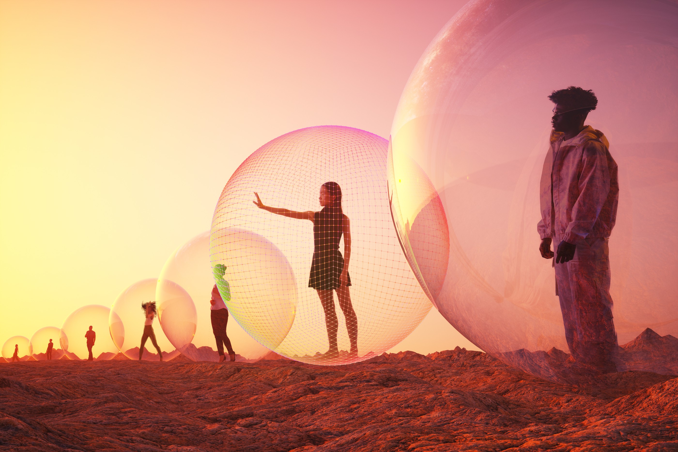 Digital generated image of multiple multiracial people standing inside glass spheres on sunset sky.