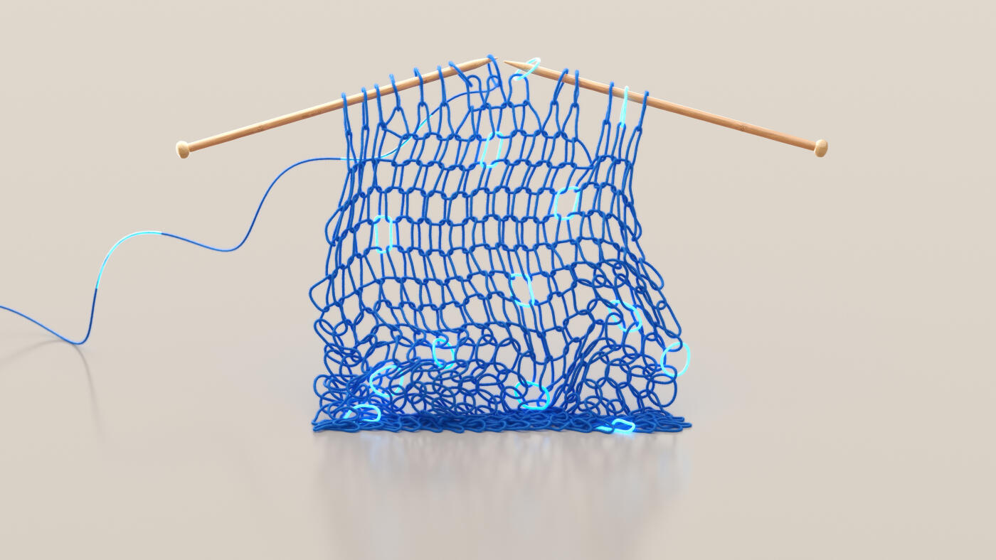 Wooden knitting needles that knit a wool structure with luminescent elements, 3D render.