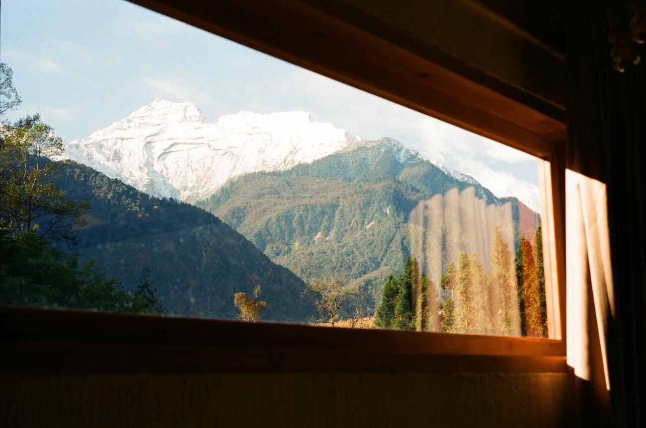 Mountain landscape view from hotel room window