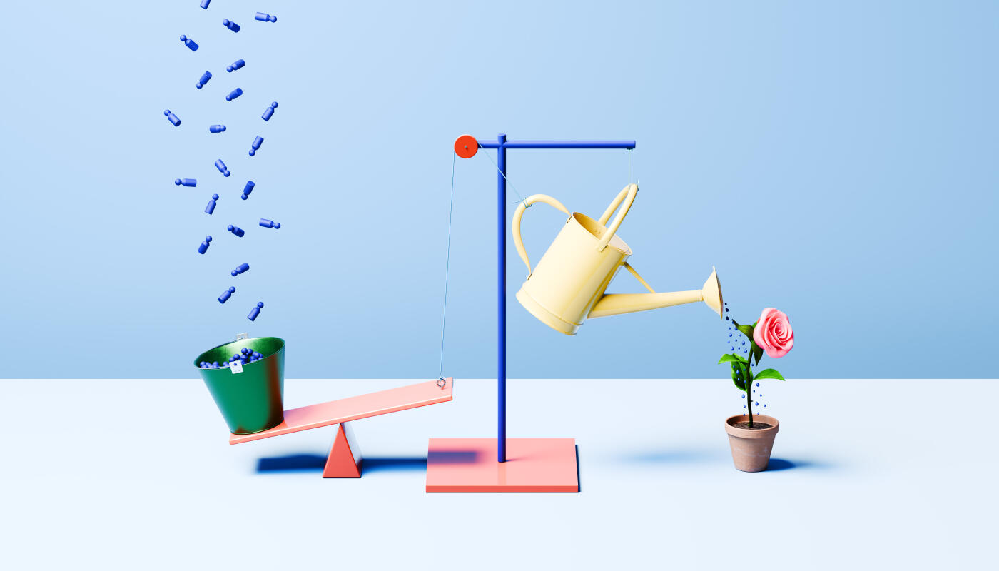 3D rendered conceptual illustration of an intricate Rube Goldberg machine where a handful of tiny blue pegs spill from a green bucket, tipping a pink seesaw that lifts a yellow watering can to pour a single drop onto a pink rose – ultimate “small but mighty” leadership metaphor, one small collective action igniting unstoppable transformation, everyday creativity sparking exponential success, subtle influence nurturing massive growth, and the new era where patient, clever leadership turns a few individuals into the decisive force that inspires, motivates, and blossoms entire teams.
