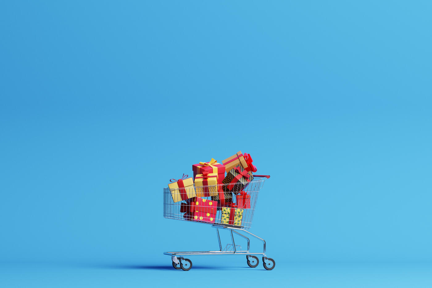 Single shopping cart filled with Christmas presents on a blue background