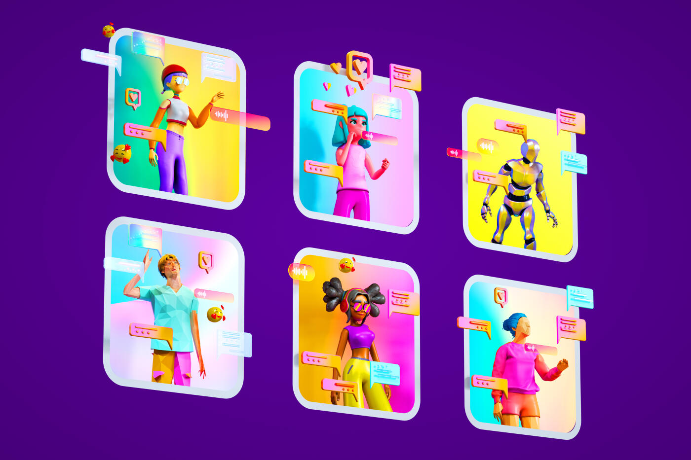 Digital generated image of multiple frames with avatars inside surrounded social media chat icons and communicating between each other. Social media and communication concepts.