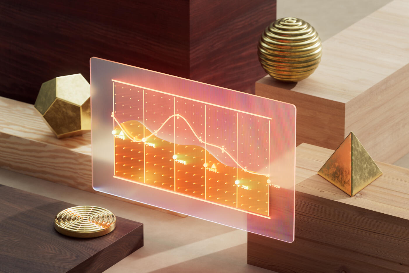 Abstract 3D illustration of futuristic financial data visualization with trading graphs, investment indicators, and holographic UI elements in a fintech setting