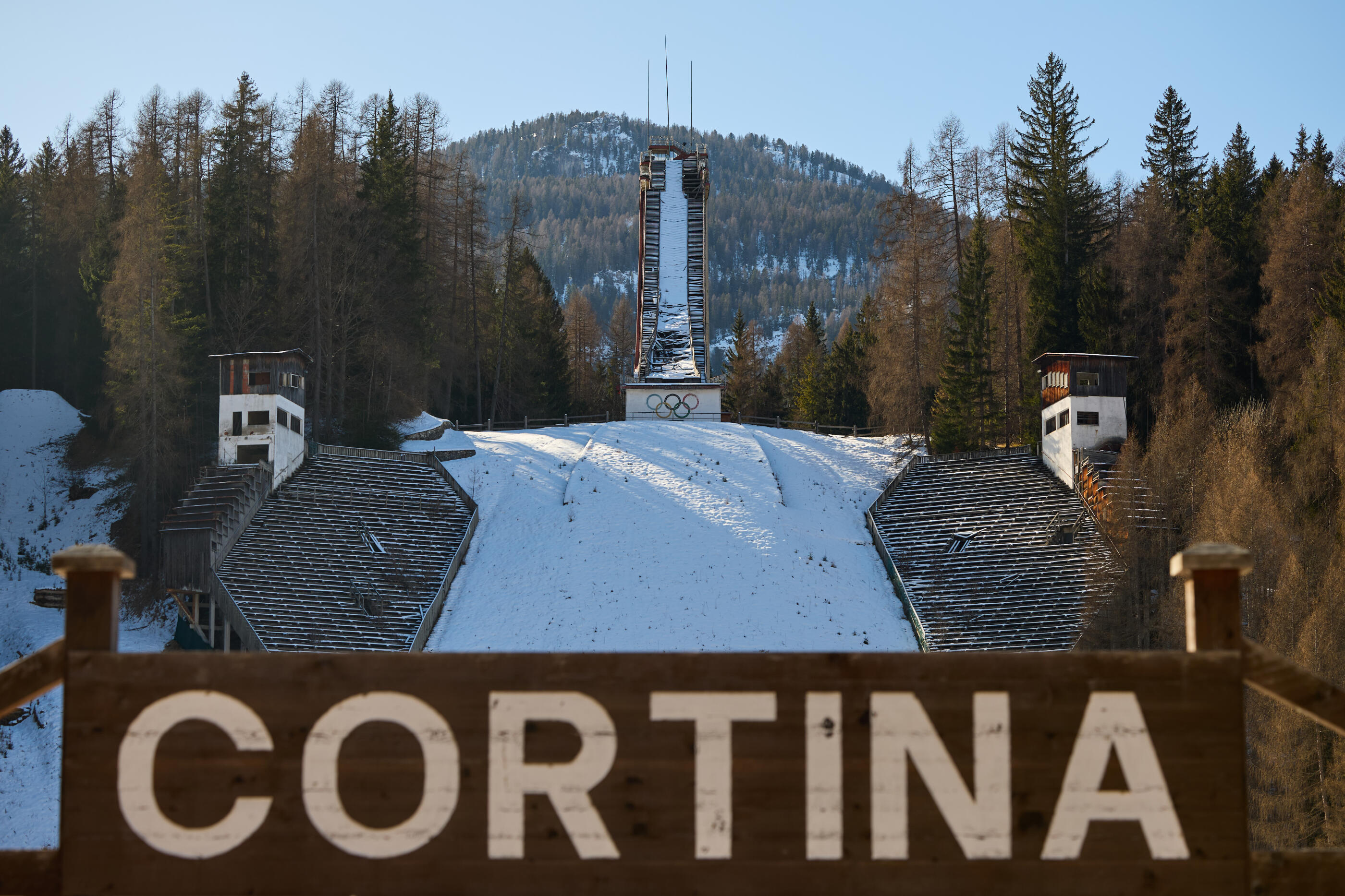 CORTINA D'AMPEZZO, ITALY - FEBRUARY 6: A general view of the abandoned ski-jumping trampoline for Winter Olympics during Milano Cortina 2026 Winter Olympic Games - 1 Year To Go event on February 06, 2025 in Cortina d'Ampezzo, Italy. (Photo by Francesco Scaccianoce/Getty Images)