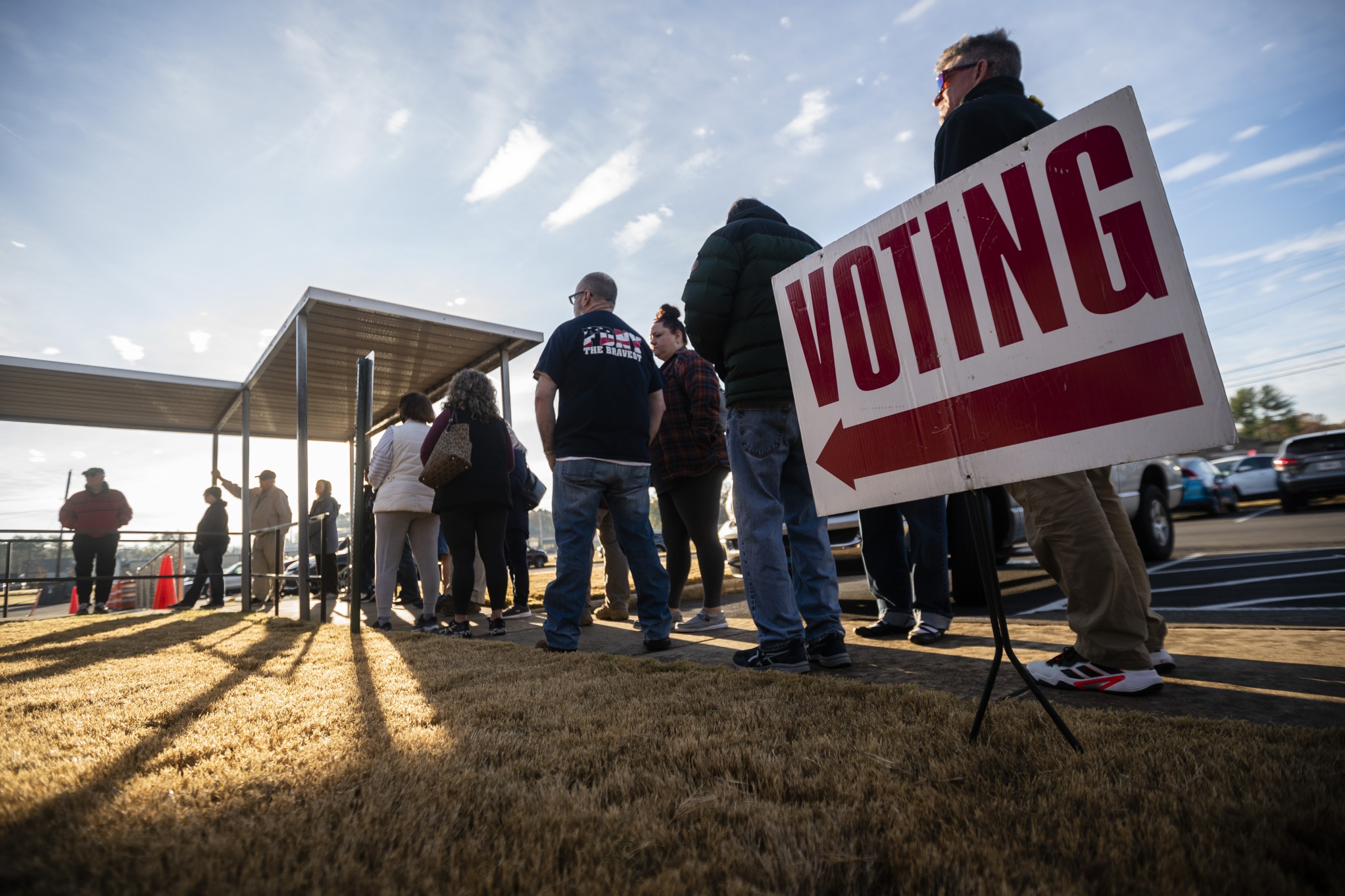 CARTERSVILLE, GA - NOVEMBER 26-  People are seen in line to vote at the sole polling place open for Saturday early voting in Bartow County on Saturday, November 26, 2022 in Cartersville, GA. (Photo by Elijah Nouvelage for The Washington Post via Getty Images)