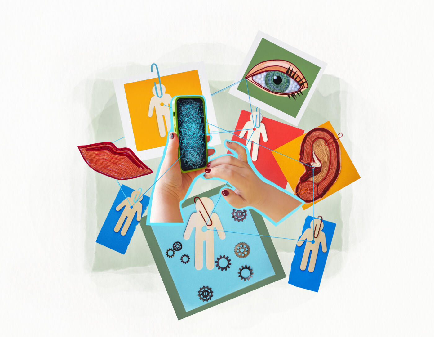 A conceptual mixed-media collage exploring technology addiction and human alienation. Hands hold a smartphone connected by blue digital lines to paper cards featuring yarn-crafted sensory organs (eye, ear, mouth) and thin plywood human figures with gears. This artwork serves as a visual metaphor for how digital devices and AI replace genuine human communication, isolating individuals in a hyper-connected world.