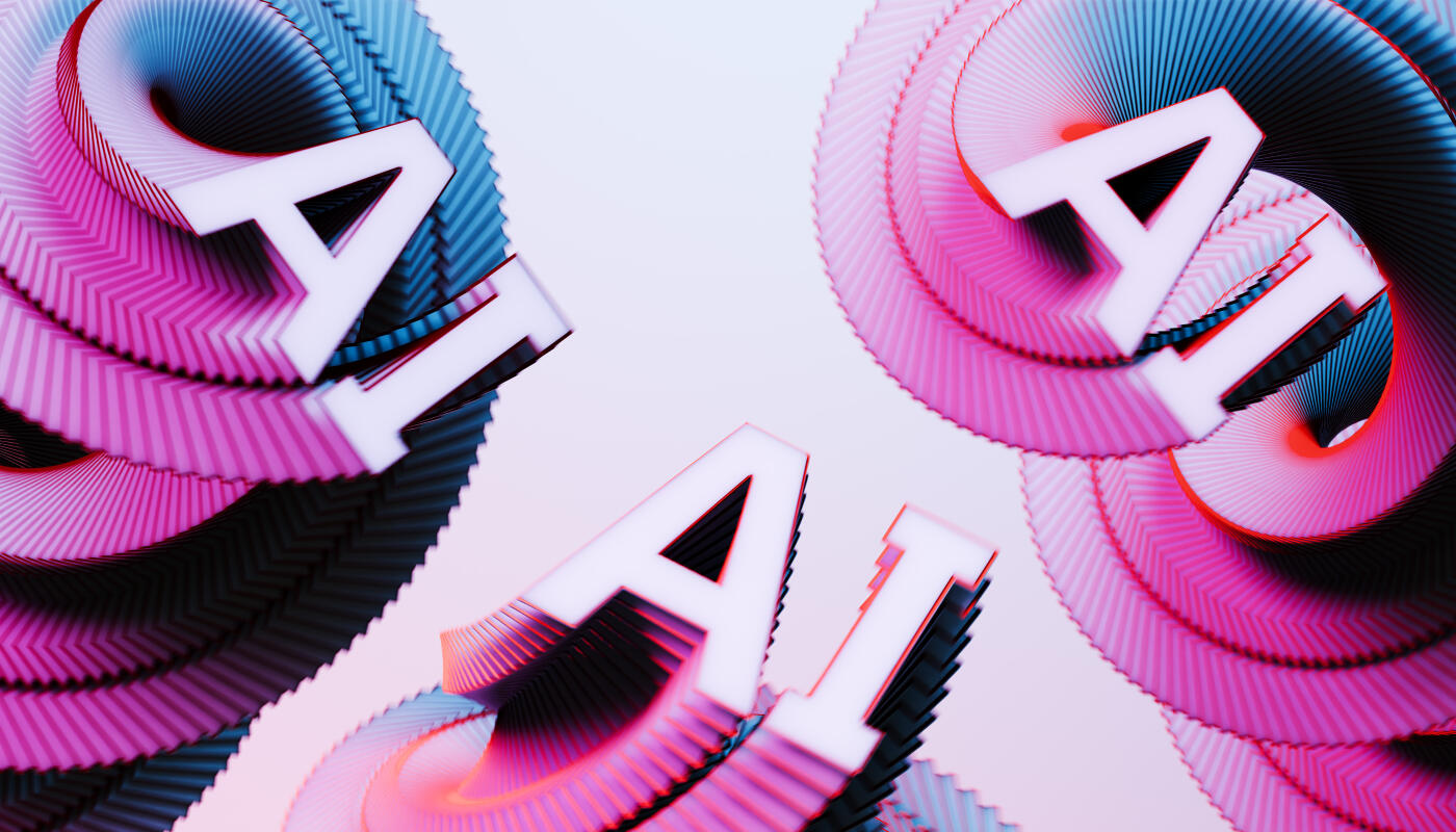 A conceptual illustration featuring multiple “AI” letters arranged in layered spiral formations, designed in bold blue and purple tones with open copy space. This abstract composition symbolizes artificial intelligence, machine learning, data innovation, and the digital future. The clean, modern layout provides visual impact while offering versatile space for branding, taglines, or editorial text, making it ideal for marketing materials, corporate projects, and technology-focused content.