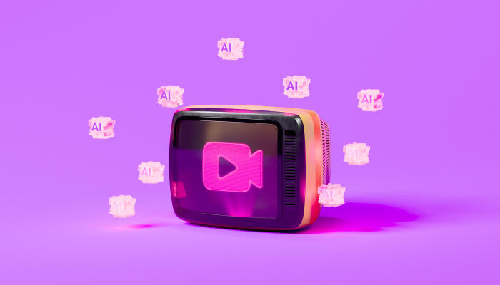Retro television with a glowing video icon surrounded by AI clusters representing the future of automated film production.