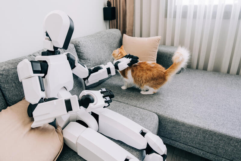 A futuristic humanoid robot sits on a living room sofa, interacting with a curious fluffy cat.