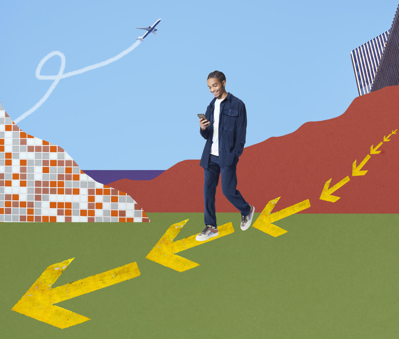 Conceptual collage image of man with smartphone walking amongst graphic elements