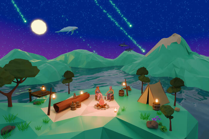 Couple enjoying camping in the Metaverse world with their favorite avatars.