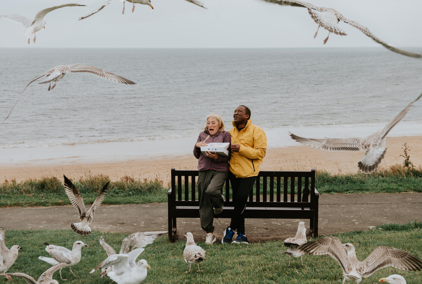 Opportunistic seagulls swoop down from the sky wanting to share in a couples portion of fish and chips.