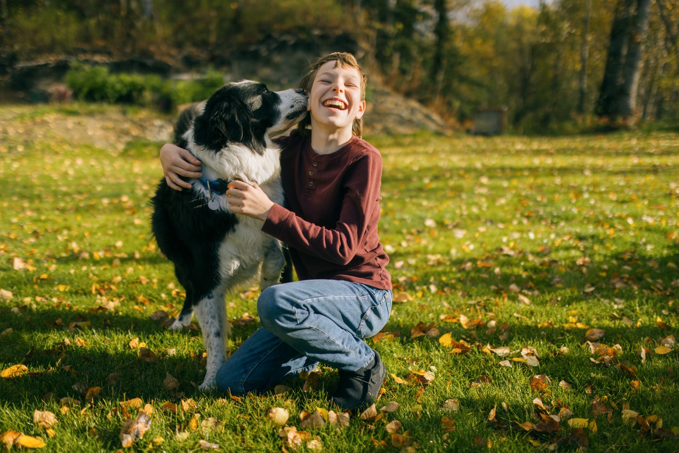 An elementary aged Indigenous North American and Caucasian boy embraces the family dog in his backyard.  Shot in Palmer, Alaska, USA.