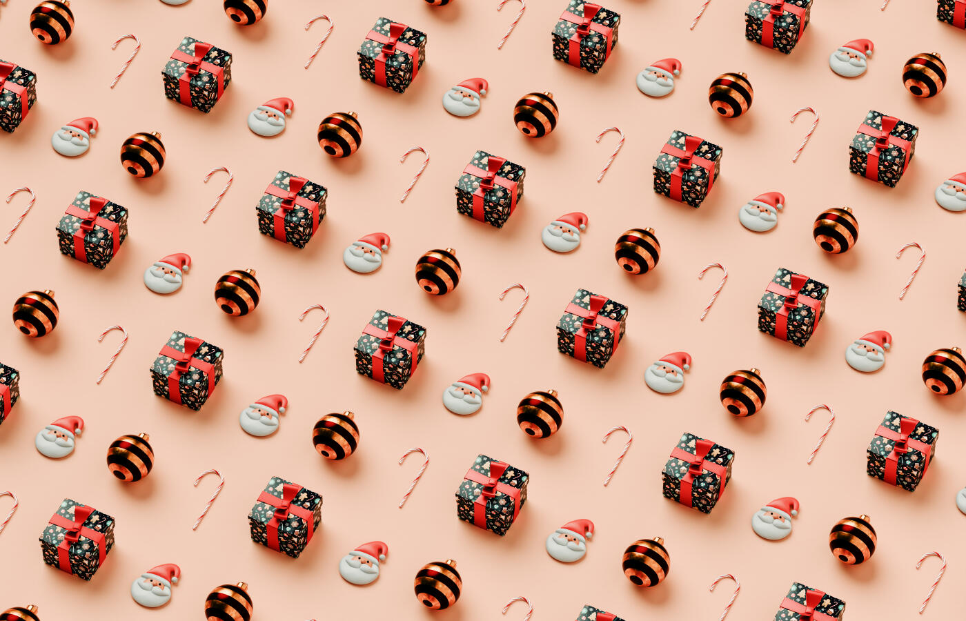 A cheerful, holiday-themed image showcasing a grid pattern of Christmas gifts, candy canes, and Santa ornaments neatly arranged to fill half the frame. Set against a soft peach background, this festive layout combines classic Christmas items with a fresh, modern color palette, creating a warm and inviting visual. Ideal for seasonal promotions, greeting cards, or holiday-themed social media posts, the image balances traditional holiday cheer with contemporary style, making it perfect for creative holiday messaging and marketing.