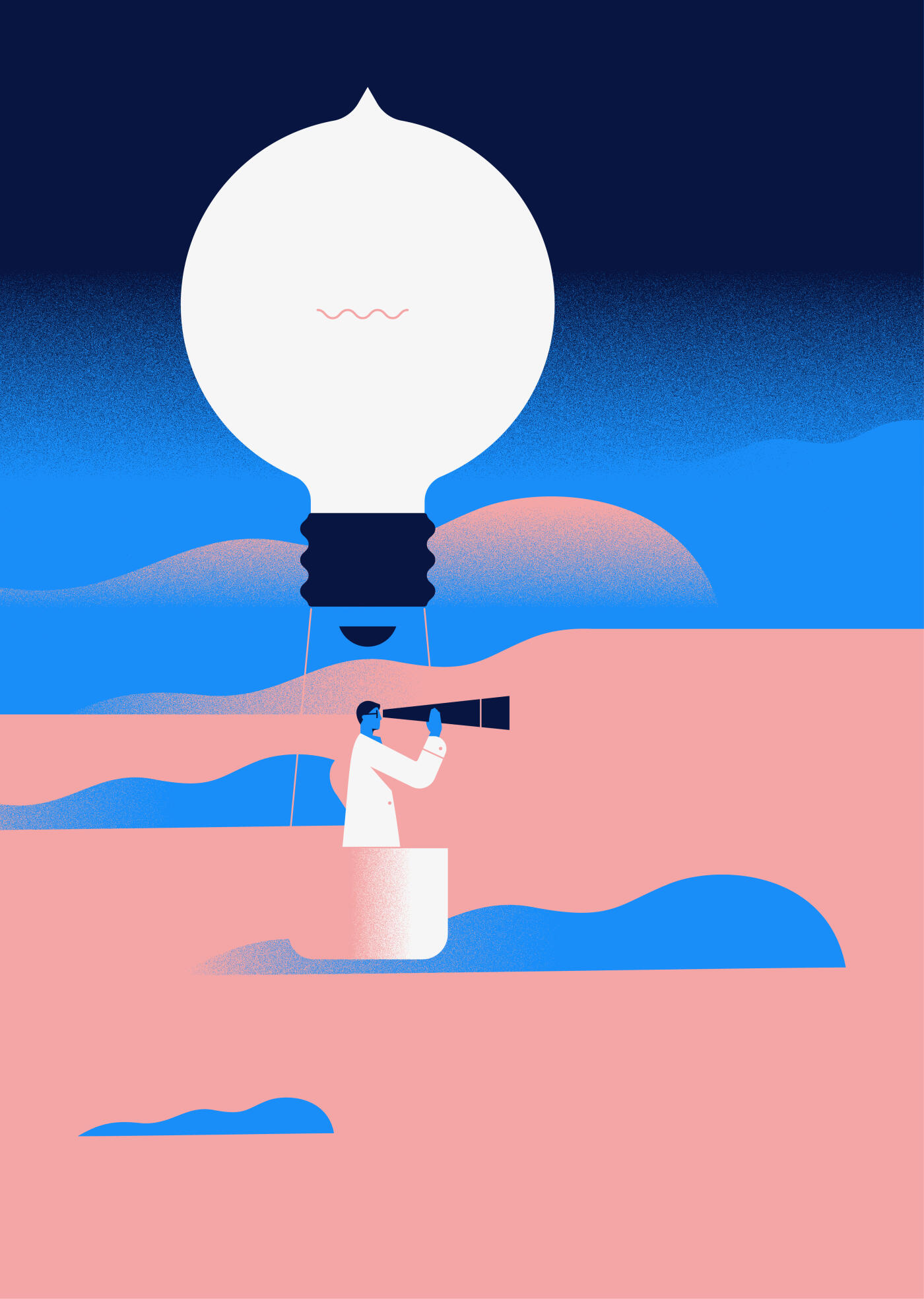 A man flies in a hot air balloon and looks through a telescope. He looks to the horizon of the future. The hot air balloon is a large light bulb. The incandescent lamp as a symbol of innovation and ideas. Open skies and clouds can be seen. Vector illustration, flat design, easy to edit.
