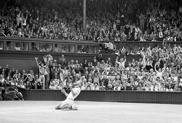 Bjorn Borg Kneeling in Stadium After Win