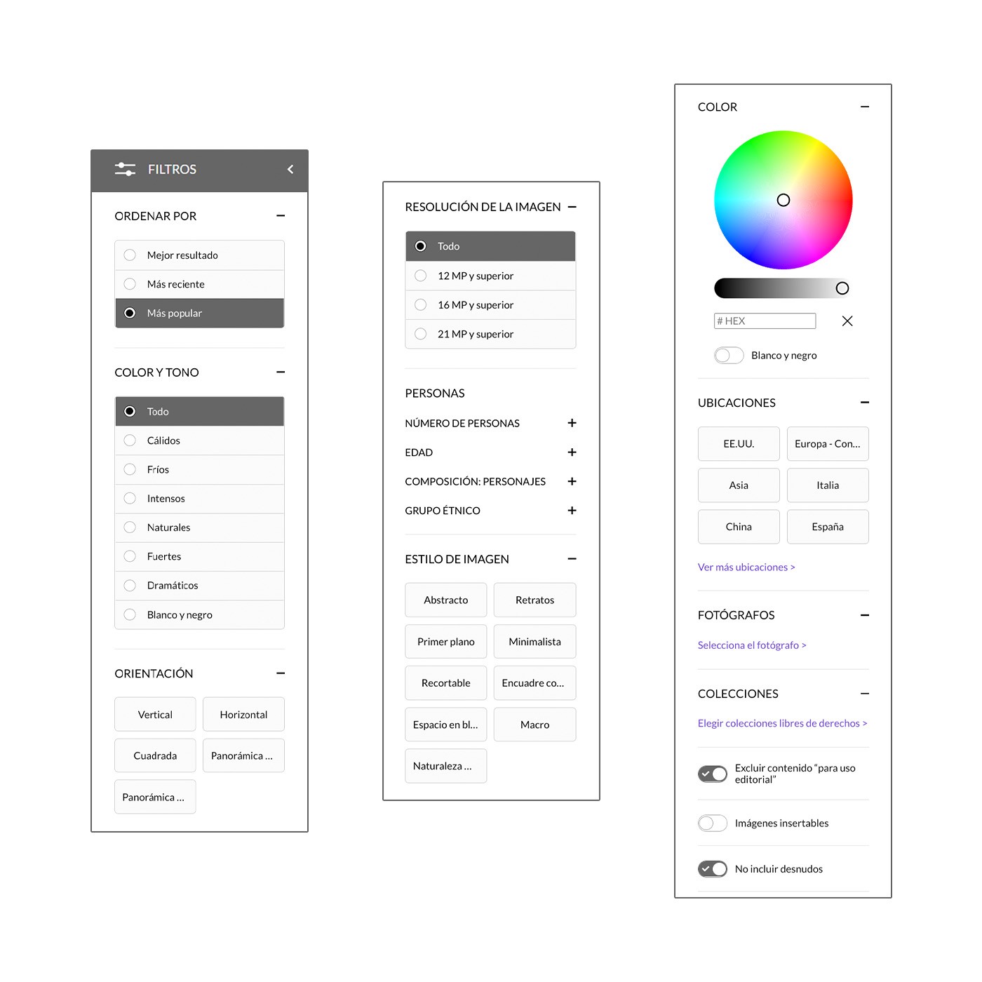 Una serie de paneles del sitio representando diferentes tipos de filtros de búsqueda de Creative