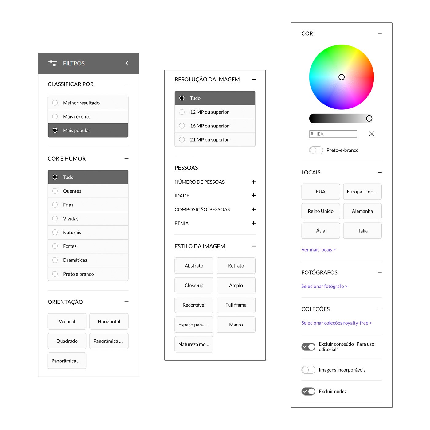 Uma série de painéis do site representando tipos de filtros de pesquisa criativa