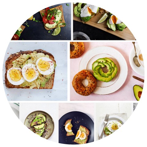 A grid image of various breakfast items with avocado toast