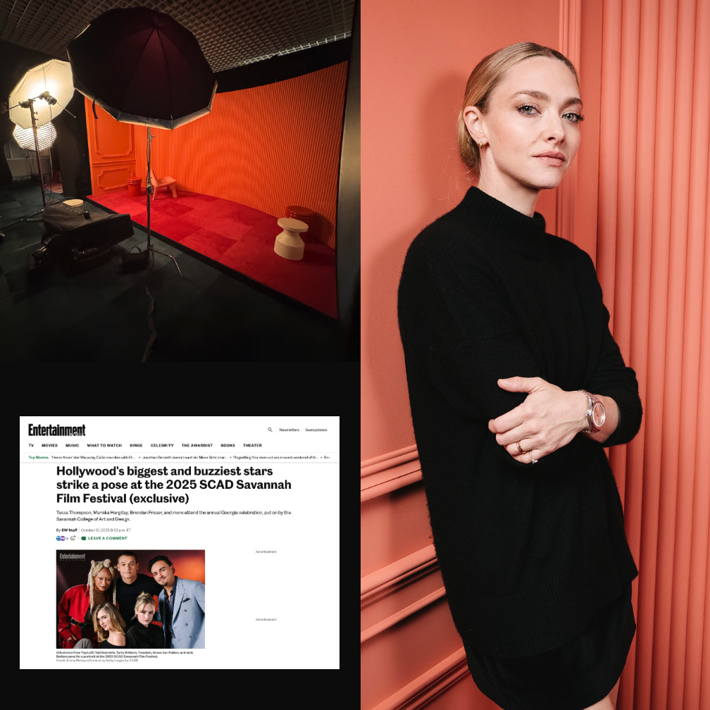 Portrait studio at SCAD Savannah Film Festival on October 27, 2025 in Savannah, Georgia. Set design, portrait of Amanda Seyfried and a screenshot of the content being used by Entertainment website.